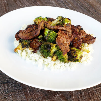 PCR flat iron, plated, beef and broccoli